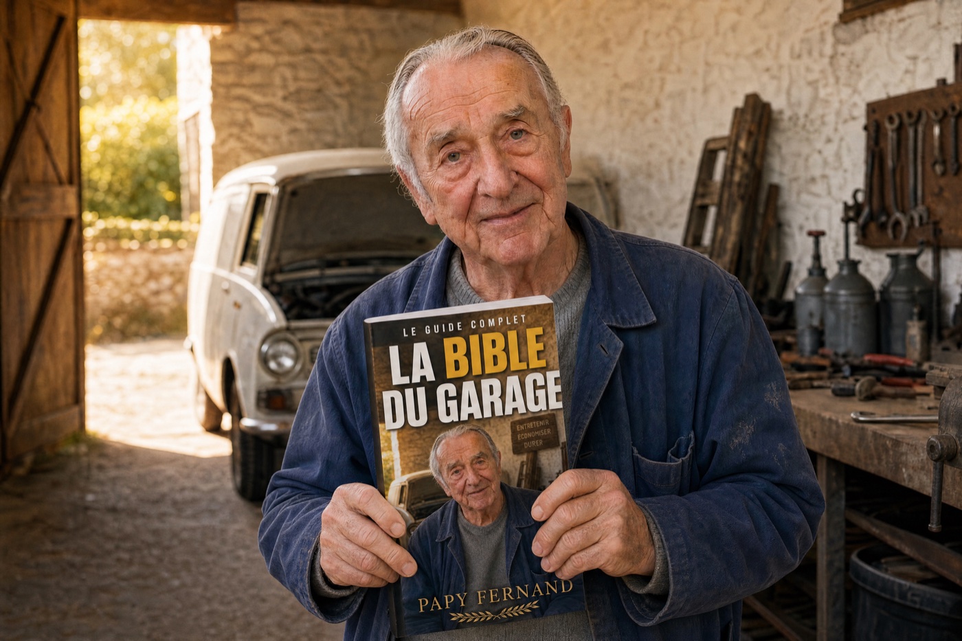Papy Fernand dans son garage avec La Bible du Garage